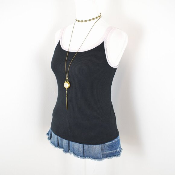 Victoria's Secret Early 2010s Y2K Black Ribbed Pink Lace Trim Tank Top Size S - Picture 2 of 6